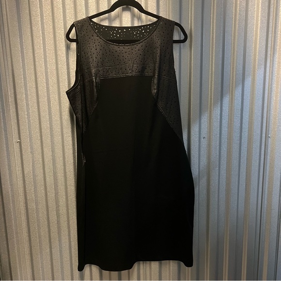 Bianca Nygard midi black dress faux leather trim along neckline & shoulders 16W - Picture 3 of 8